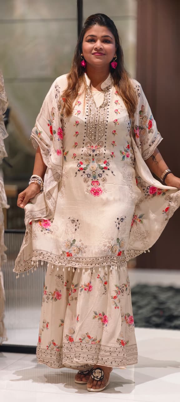 Ethereal Light Ivory Delicate Floral Prints & Neck Detailing Kaftan Sharara Set- 14933