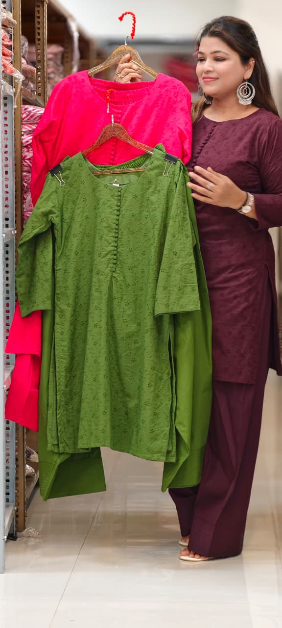 Solid Hacoba Embroidered Button-down Farsi Bottom Cotton Co-Ord Set- 14969