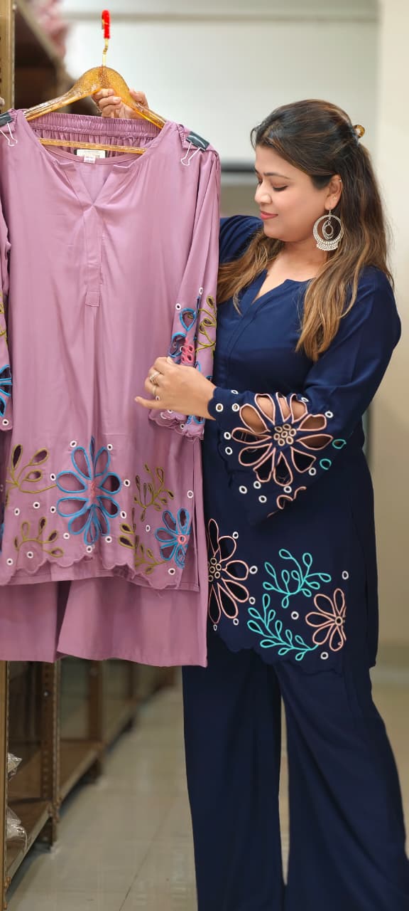 Premium Imported Fabric Floral Hem Cut-Work Embroidery Co-Ord Set-14970
