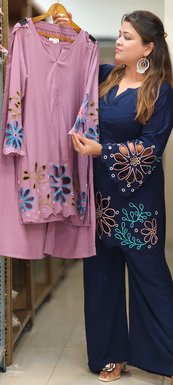 Premium Imported Fabric Floral Hem Cut-Work Embroidery Co-Ord Set-14970