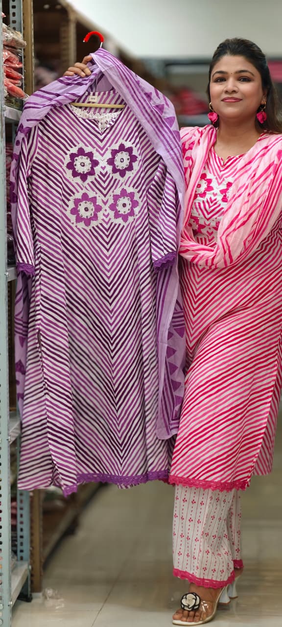 Floral Yoke With Leheriya Print Cotton Full Suit Set With Dupatta- 14999