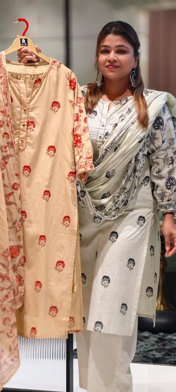 Sophisticated Cream Floral Block Print Cotton Full Suit Set with Matching Dupatta- 14967