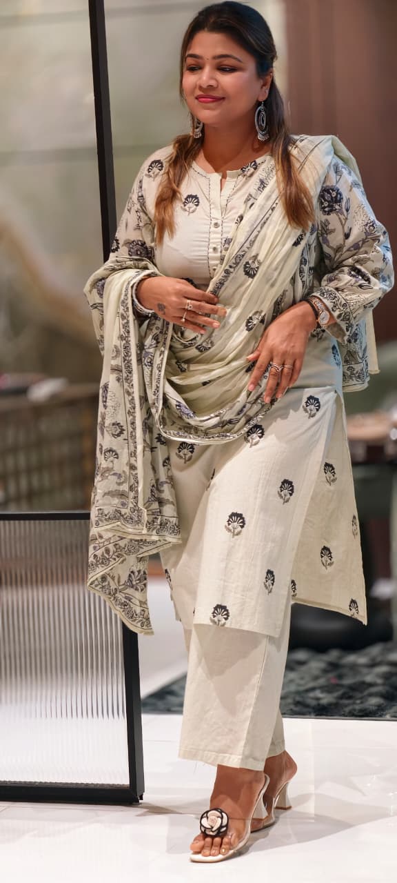Sophisticated Cream Floral Block Print Cotton Full Suit Set with Matching Dupatta- 14967