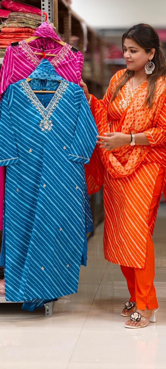 Elegant Lehariya Cotton V-Neck Embroidered Straight Kurta with Bottom and Dupatta- 14976
