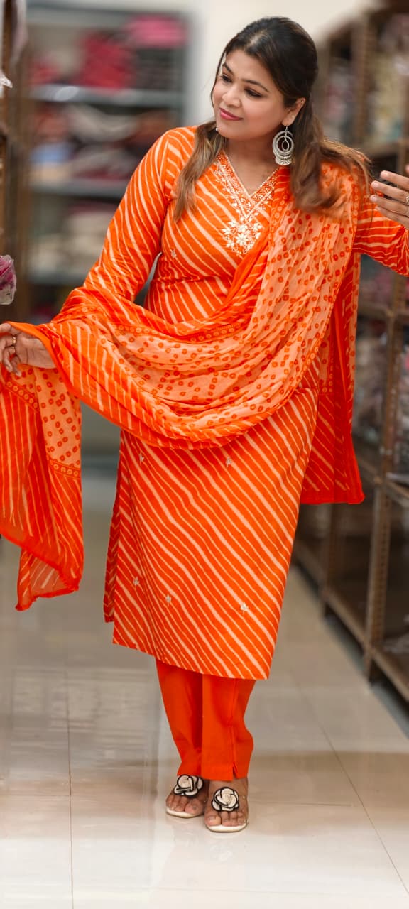 Elegant Lehariya Cotton V-Neck Embroidered Straight Kurta with Bottom and Dupatta- 14976