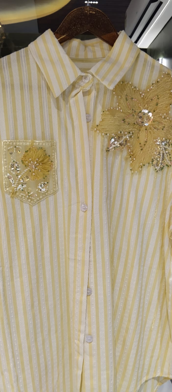 Classic Vertical Stripe Floral Pop Motif Imported Shirt- 15072