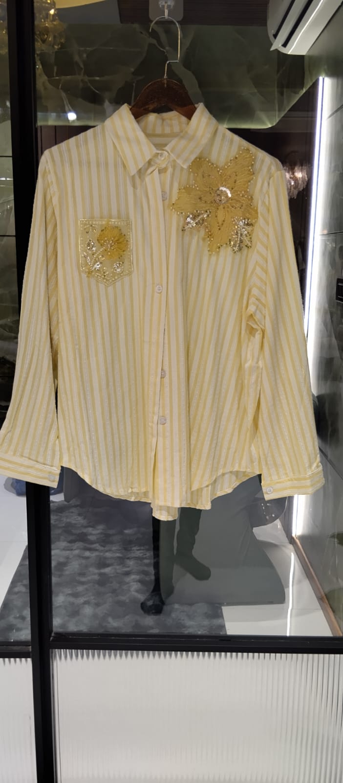Classic Vertical Stripe Floral Pop Motif Imported Shirt- 15072