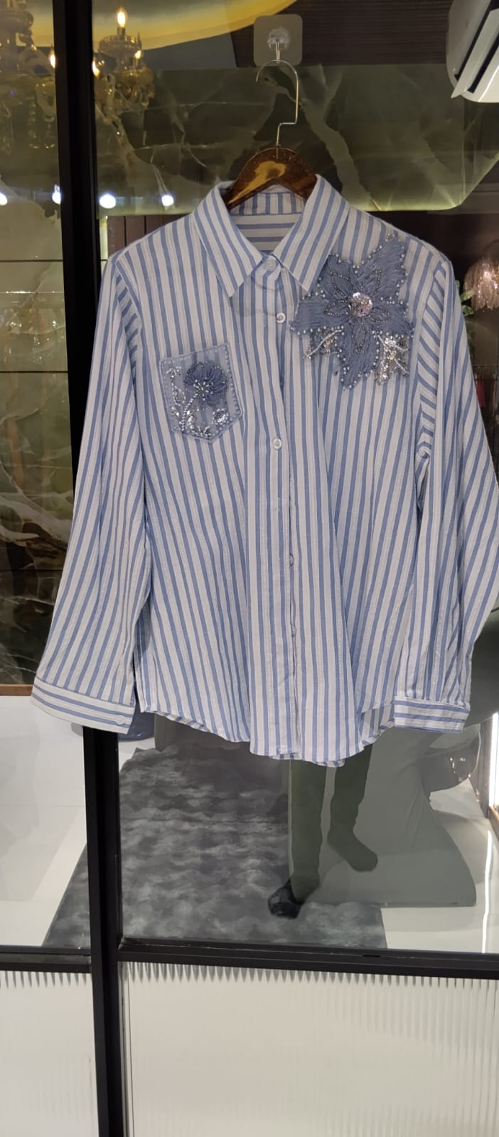 Classic Vertical Stripe Floral Pop Motif Imported Shirt- 15072