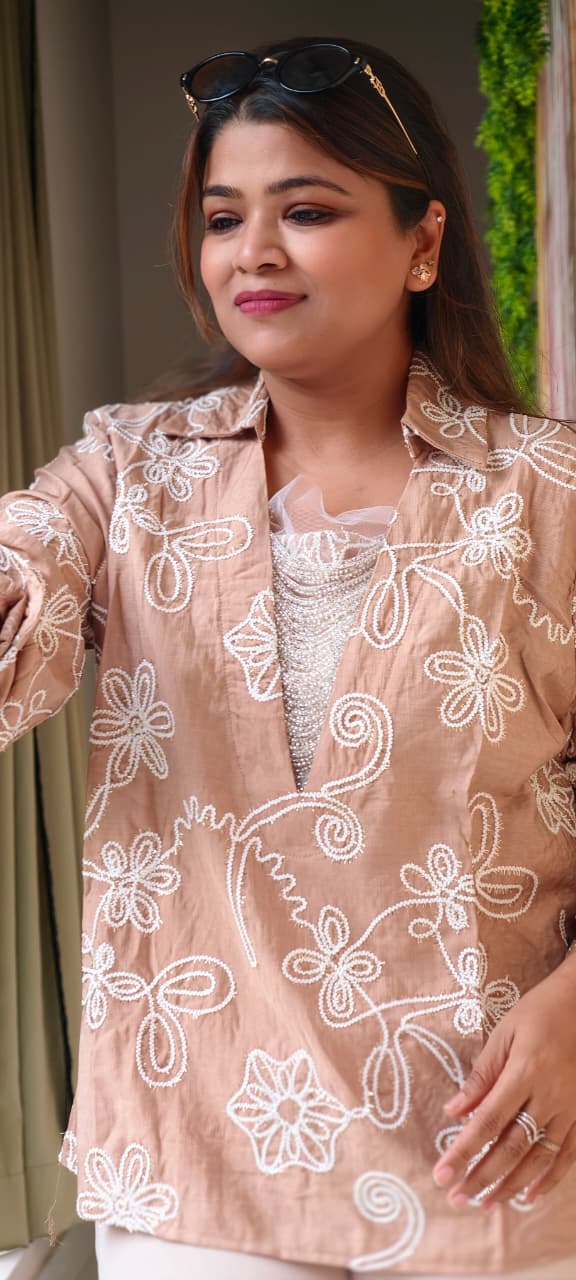 Imported Butter Sheer Embroidered Jewel Stone Hangs Premium Western Tops- 14764