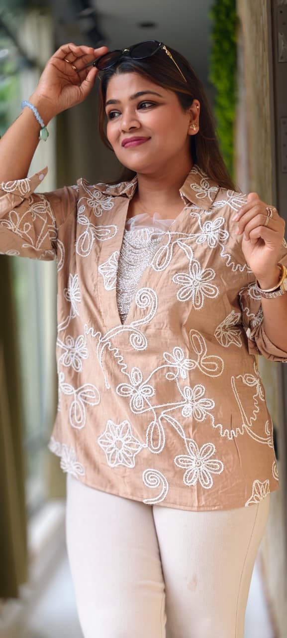 Imported Butter Sheer Embroidered Jewel Stone Hangs Premium Western Tops- 14764
