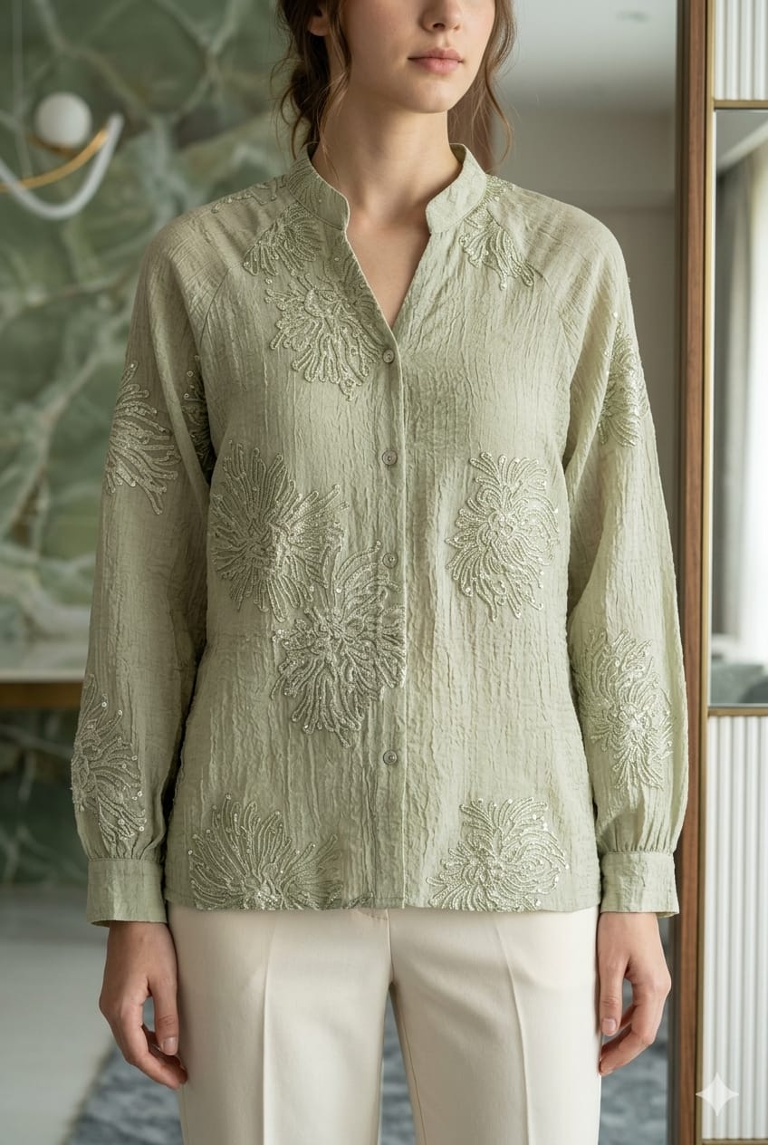 Premium Floral Sequined Mandarin-Collar Imported Georgette Western Tunic- 15059