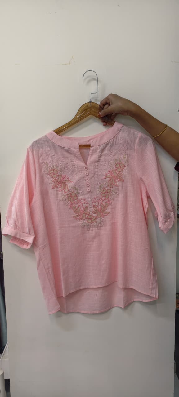 Pinkish Pallete Tone Floral Embroidered Casual Western Top- 15135