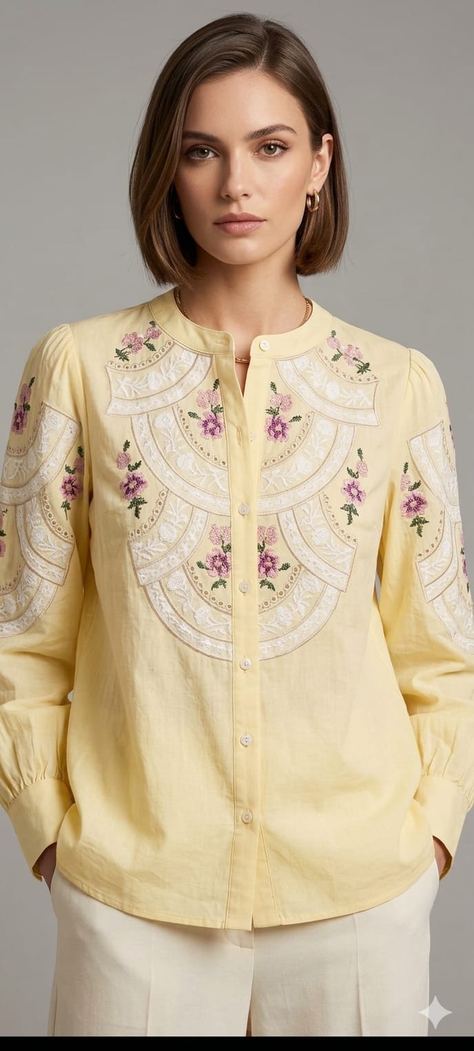 Floral Gardenia Embroidered Front Design Beautiful Imported Top- 15154