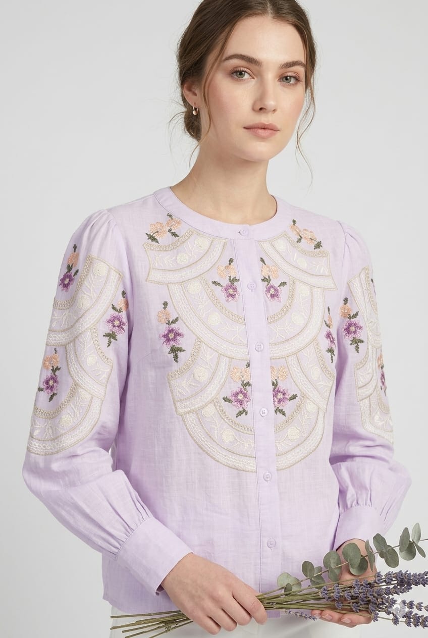 Floral Gardenia Embroidered Front Design Beautiful Imported Top- 15154