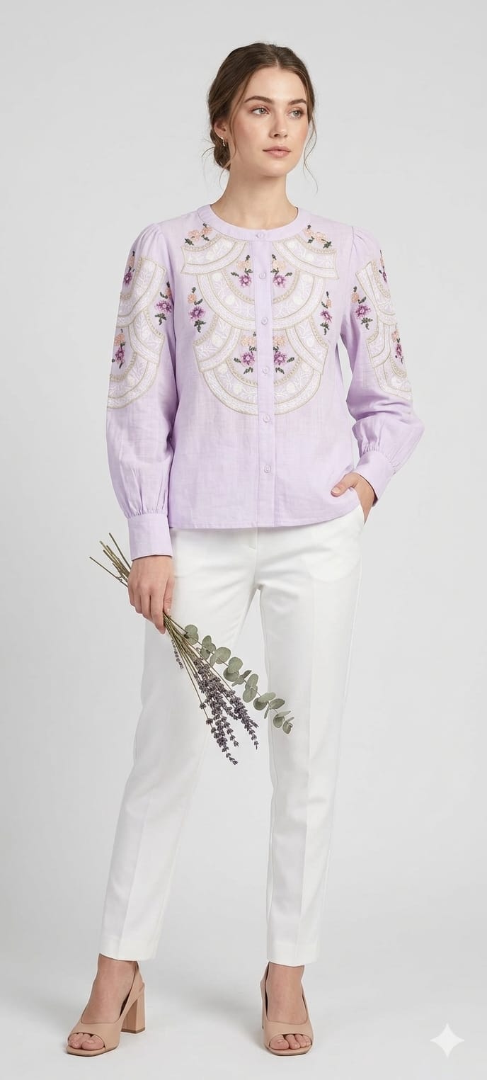 Floral Gardenia Embroidered Front Design Beautiful Imported Top- 15154