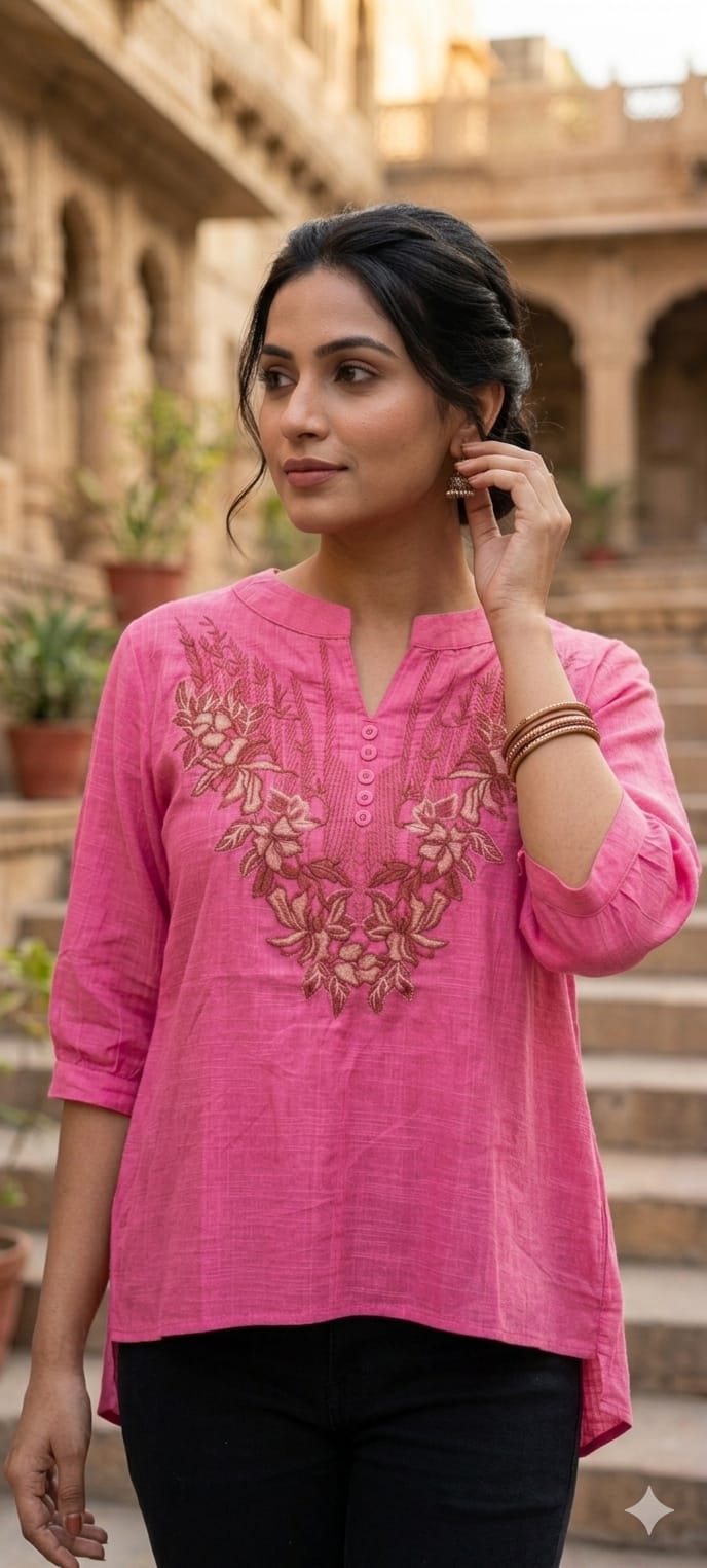Pinkish Pallete Tone Floral Embroidered Casual Western Top- 15135