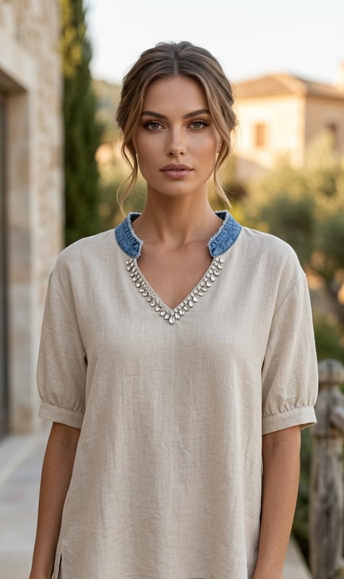 Siroski Stone Neckline Balloon Sleeve Imported Western Casual Top- 15046
