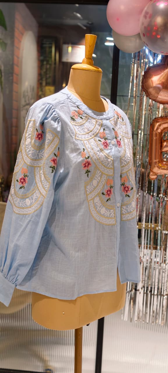 Floral Gardenia Embroidered Front Design Beautiful Imported Top- 15154