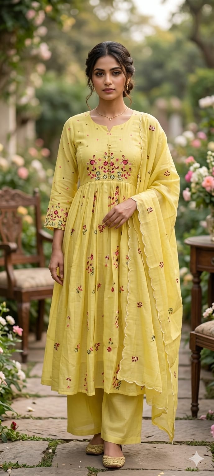 Graceful Hand-Embroidered Surat Mul-Chanderi A-Line Full Suit Set with Scalloped Dupatta- 15124