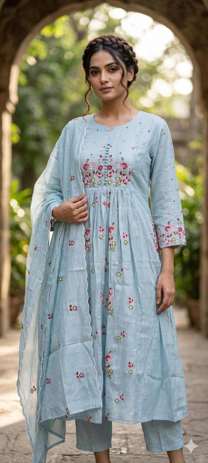 Graceful Hand-Embroidered Surat Mul-Chanderi A-Line Full Suit Set with Scalloped Dupatta- 15124