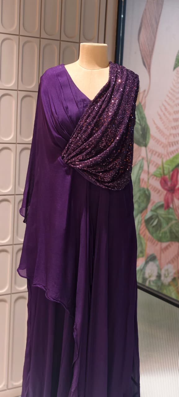 Elegant Sequin Drape Cape Maxi Gown