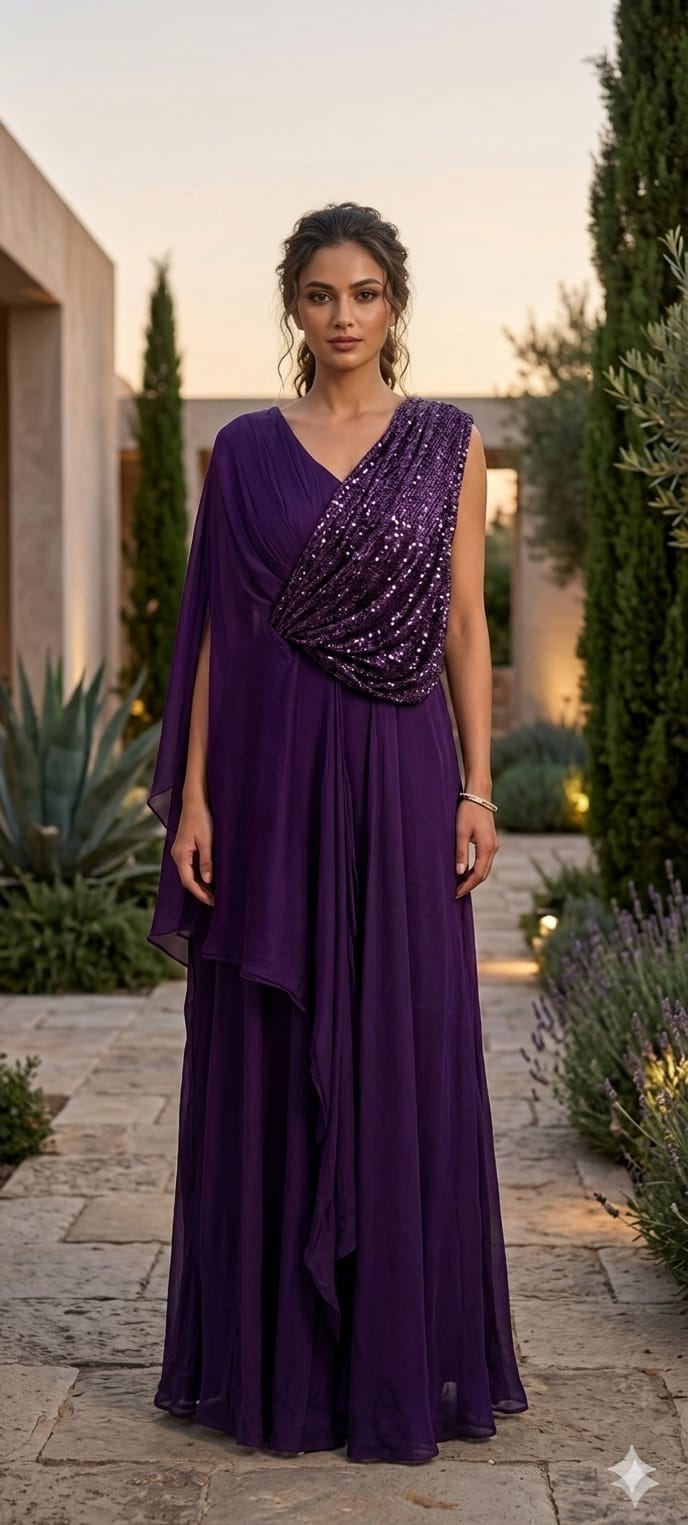 Elegant Sequin Drape Cape Maxi Gown