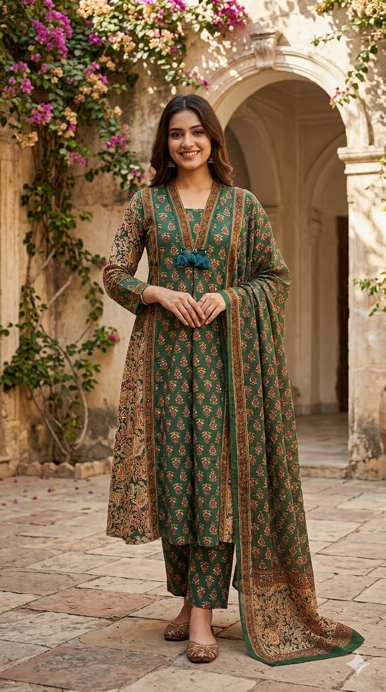 Royal Classic Mughal Floral Block Printed A-Line Cotton Full Suit Set With Dupatta