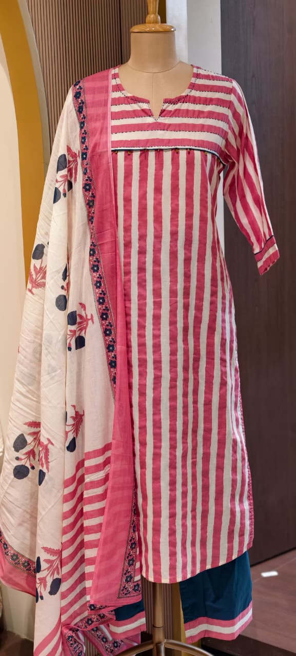 Striped Cotton Pure Cotton Long Kurta Suit Set with Floral Printed Dupatta-15174