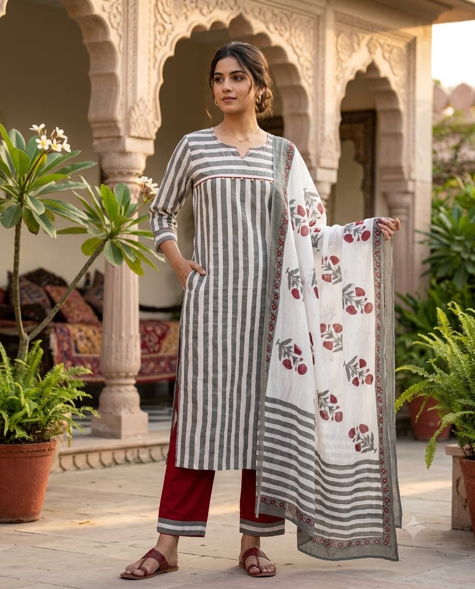 Striped Cotton Pure Cotton Long Kurta Suit Set with Floral Printed Dupatta-15174