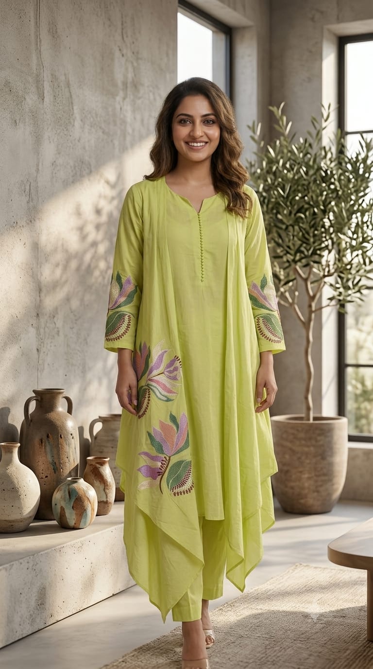 Fine Floral Embroidered High Low Jacket Style Kurta With Matching Bottom In Cotton Fabric- 15183
