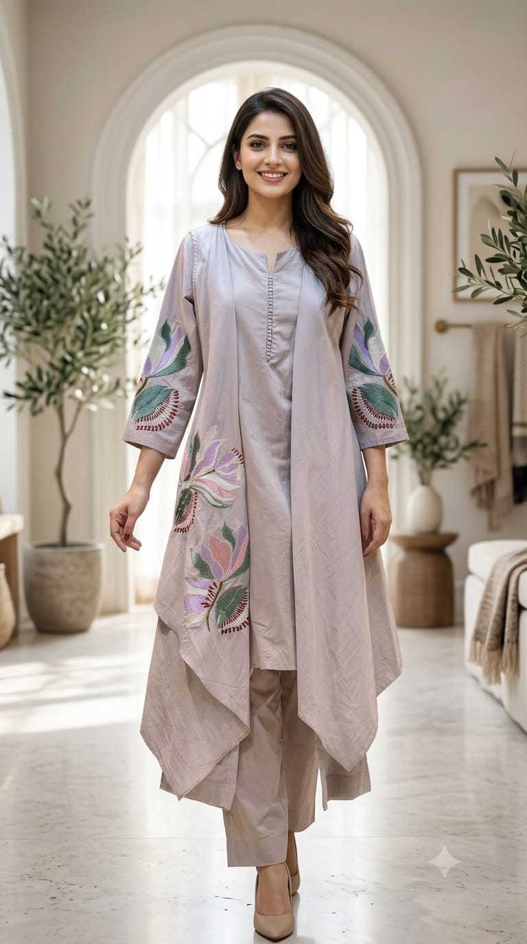 Fine Floral Embroidered High Low Jacket Style Kurta With Matching Bottom In Cotton Fabric- 15183