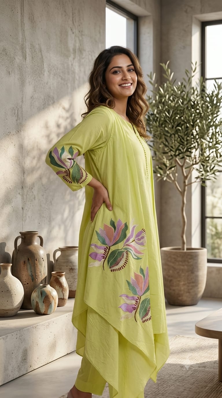 Fine Floral Embroidered High Low Jacket Style Kurta With Matching Bottom In Cotton Fabric- 15183