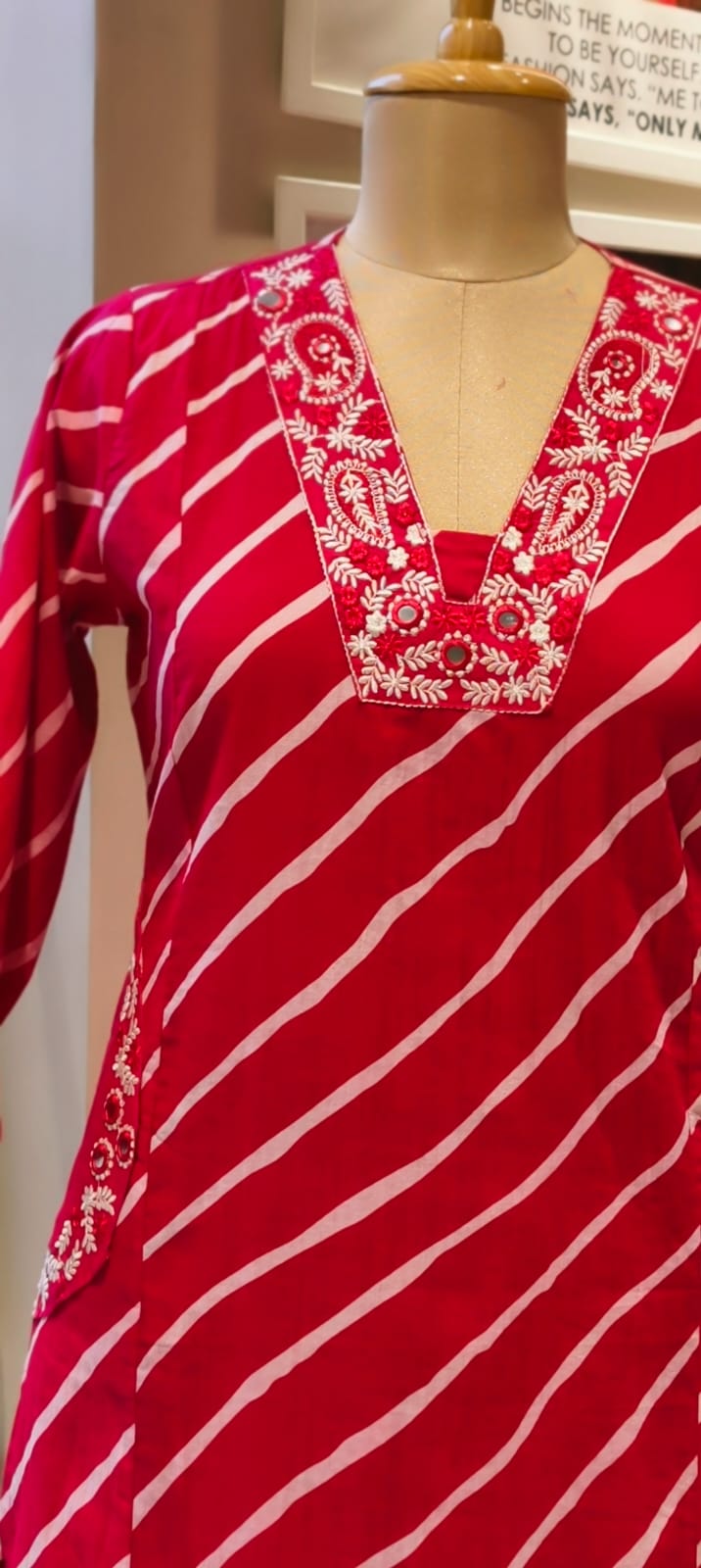 Mango Buti Thread Embroidered Neckline Leheriya Cotton A-Line Full Suit Set With Dupatta & Side Pockets-15168
