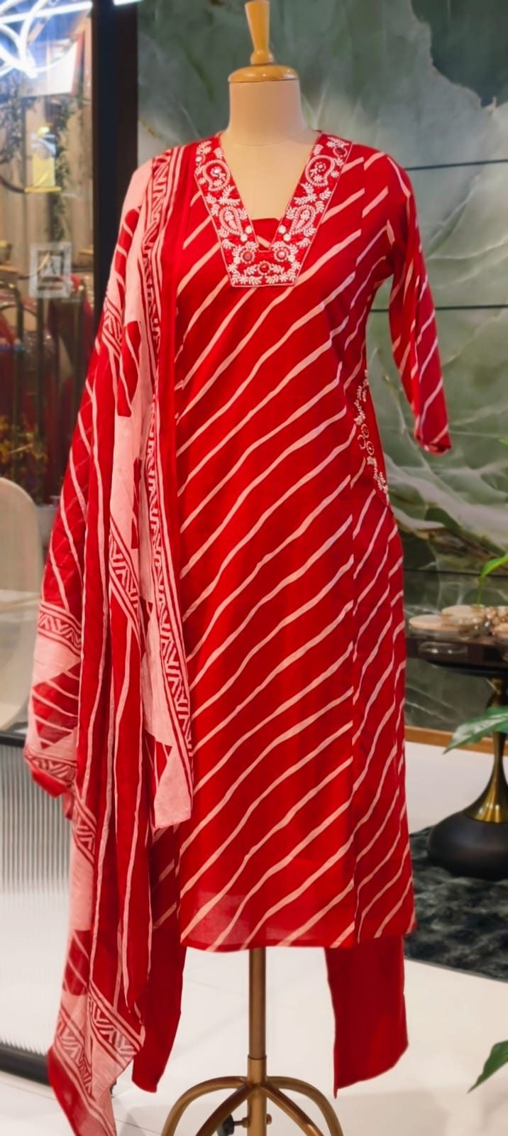 Mango Buti Thread Embroidered Neckline Leheriya Cotton A-Line Full Suit Set With Dupatta & Side Pockets-15168