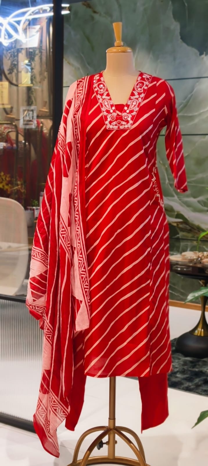 Mango Buti Thread Embroidered Neckline Leheriya Cotton A-Line Full Suit Set With Dupatta & Side Pockets-15168