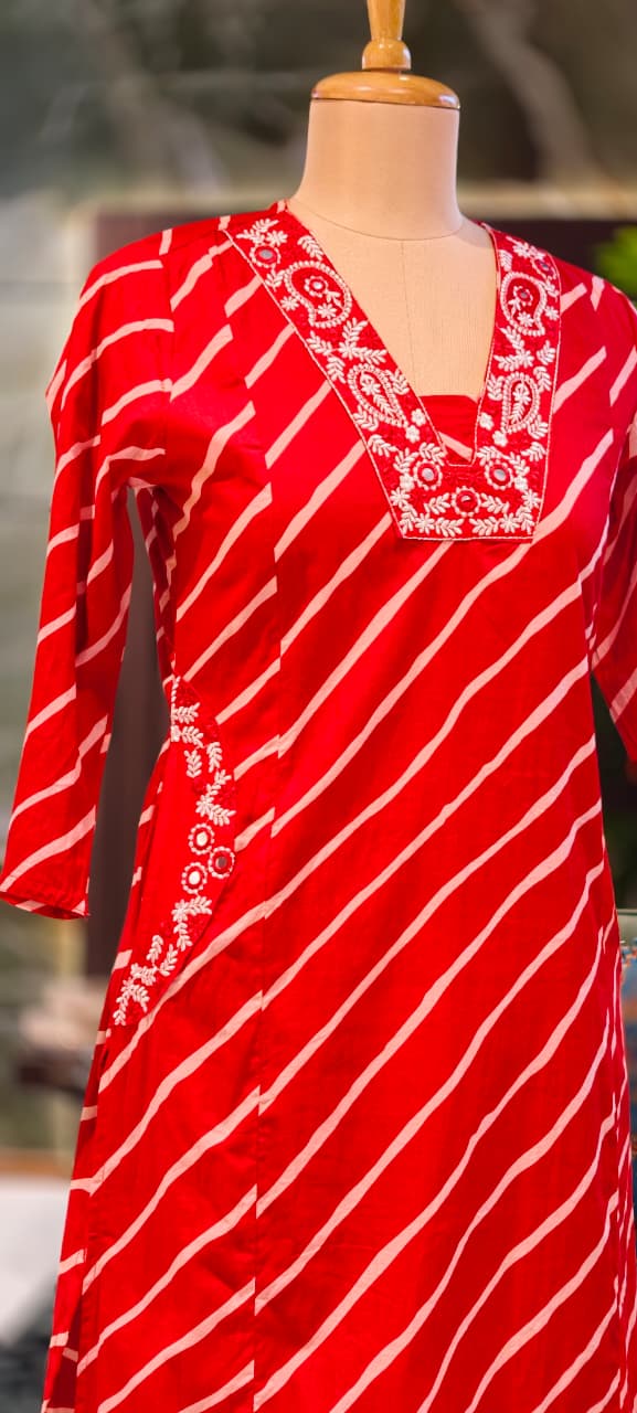 Mango Buti Thread Embroidered Neckline Leheriya Cotton A-Line Full Suit Set With Dupatta & Side Pockets-15168