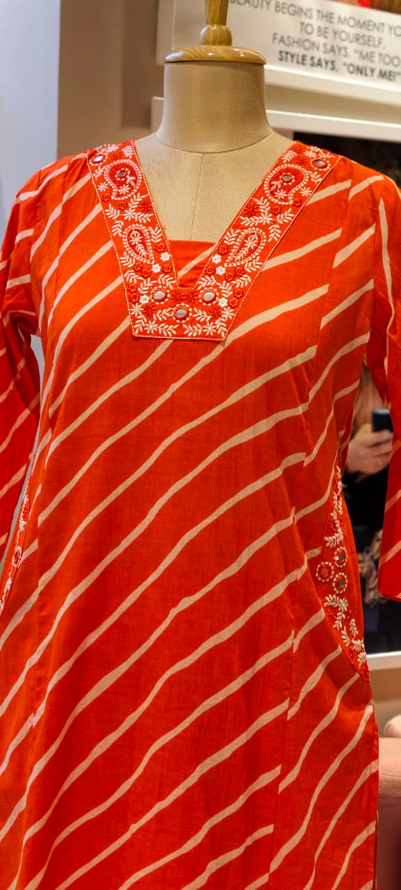 Mango Buti Thread Embroidered Neckline Leheriya Cotton A-Line Full Suit Set With Dupatta & Side Pockets-15168