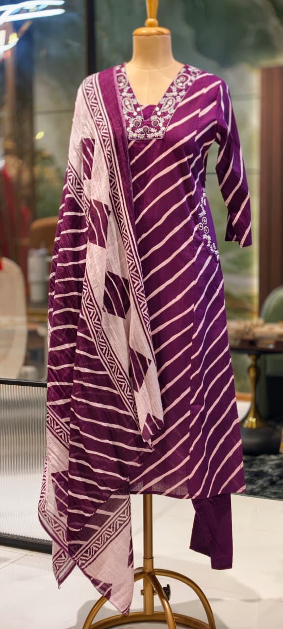 Mango Buti Thread Embroidered Neckline Leheriya Cotton A-Line Full Suit Set With Dupatta & Side Pockets-15168