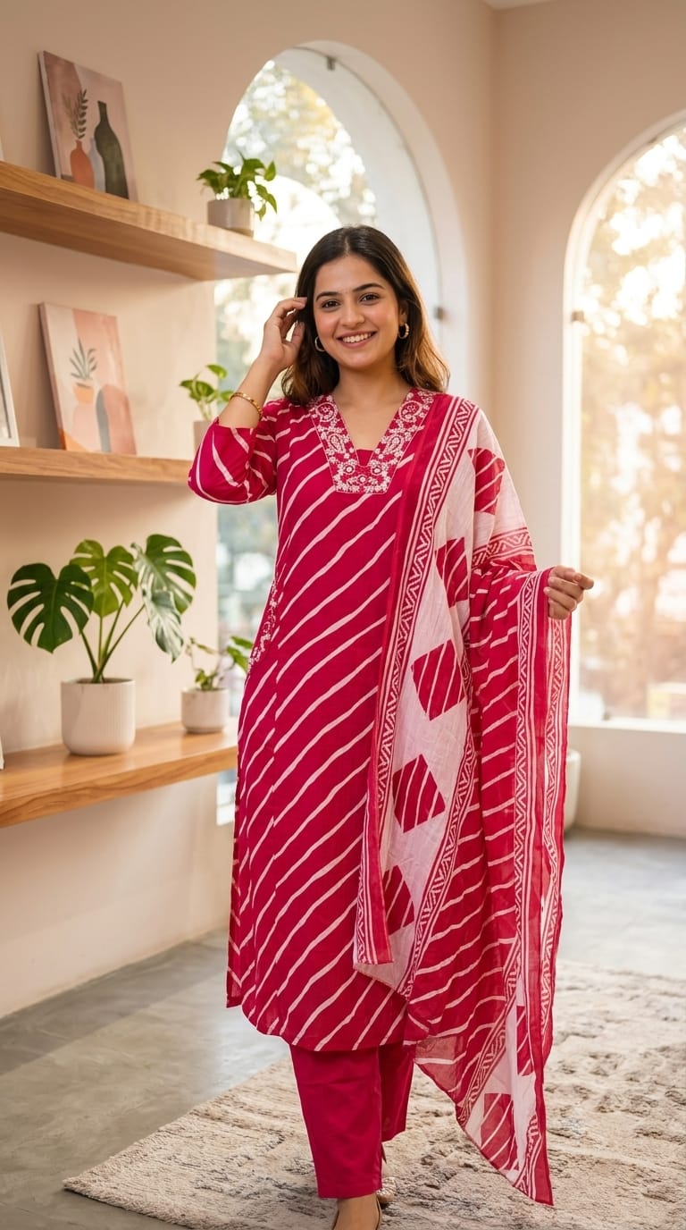 Mango Buti Thread Embroidered Neckline Leheriya Cotton A-Line Full Suit Set With Dupatta & Side Pockets-15168