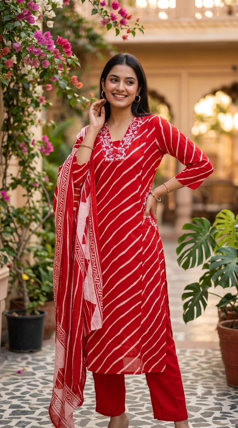 Mango Buti Thread Embroidered Neckline Leheriya Cotton A-Line Full Suit Set With Dupatta & Side Pockets-15168