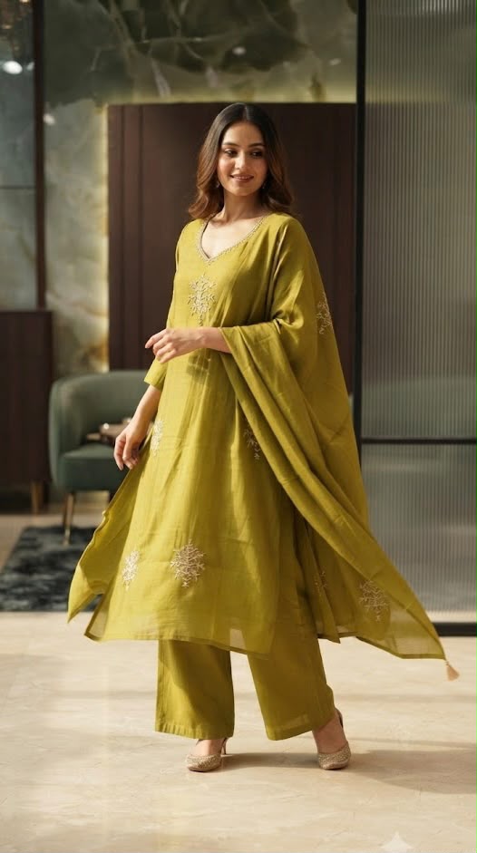 Surat Mul-Chanderi A-Line Full Suit Set with Tree-of-Life Zari Embroidery & Dupatta- 15301