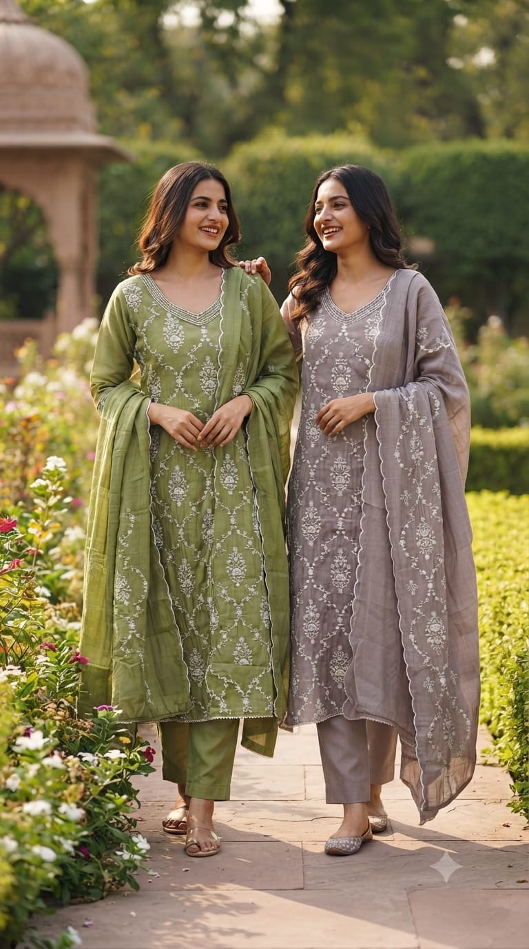 Patterned Thread Embroidery Foil Touch Neckline Surat Mul Chanderi Straight Full Suit Set With Dupatta- 15296
