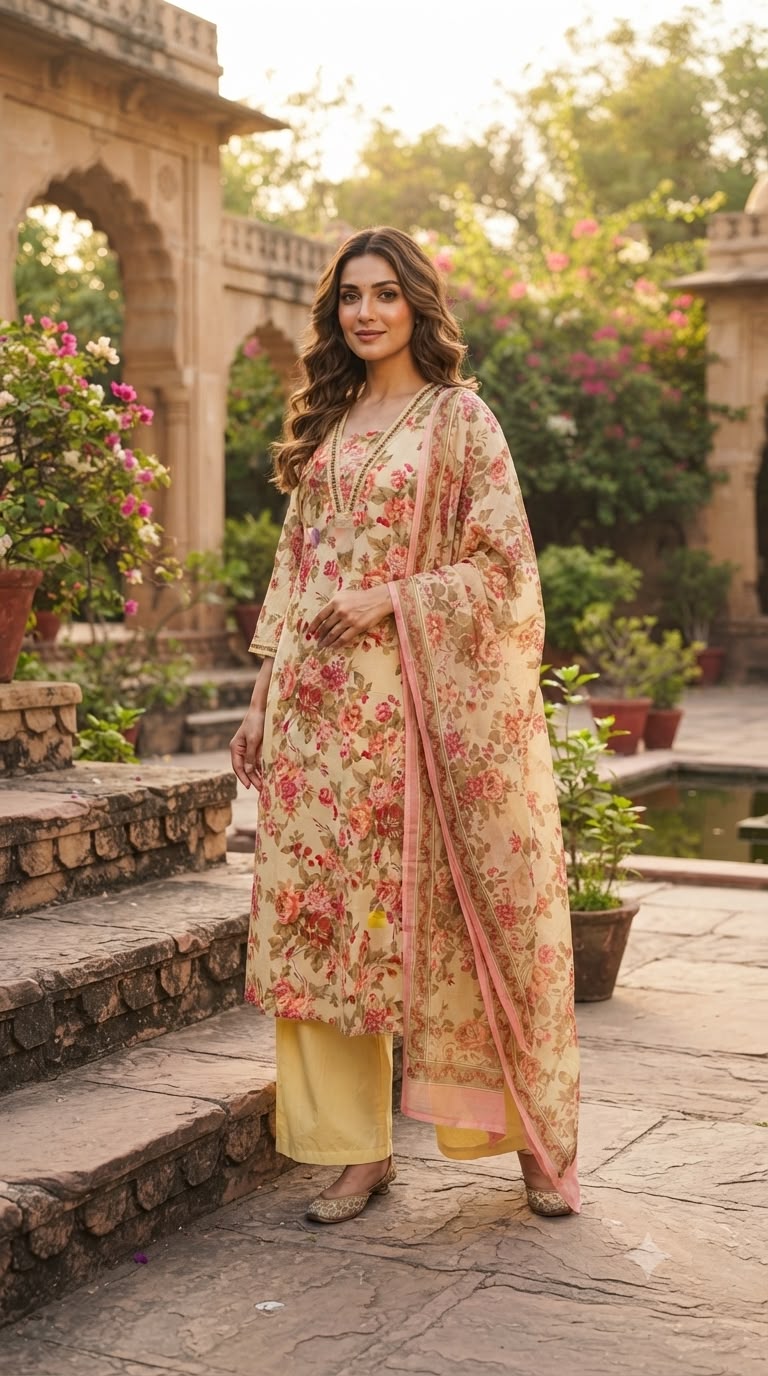 Scattered Beautiful Floral Print Summer Friendly Cotton Full Suit Set With Dupatta- 15302