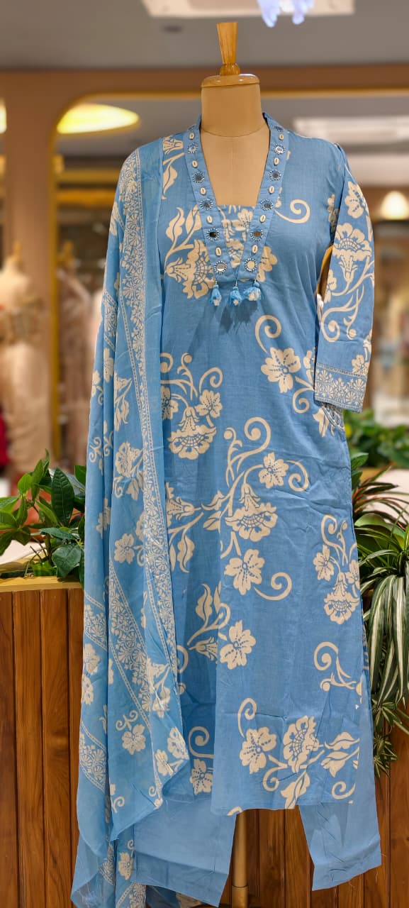 Ivory Blossom Elegance Noor Floral Printed Charm Cotton Full Suit Set With Dupatta- 15358