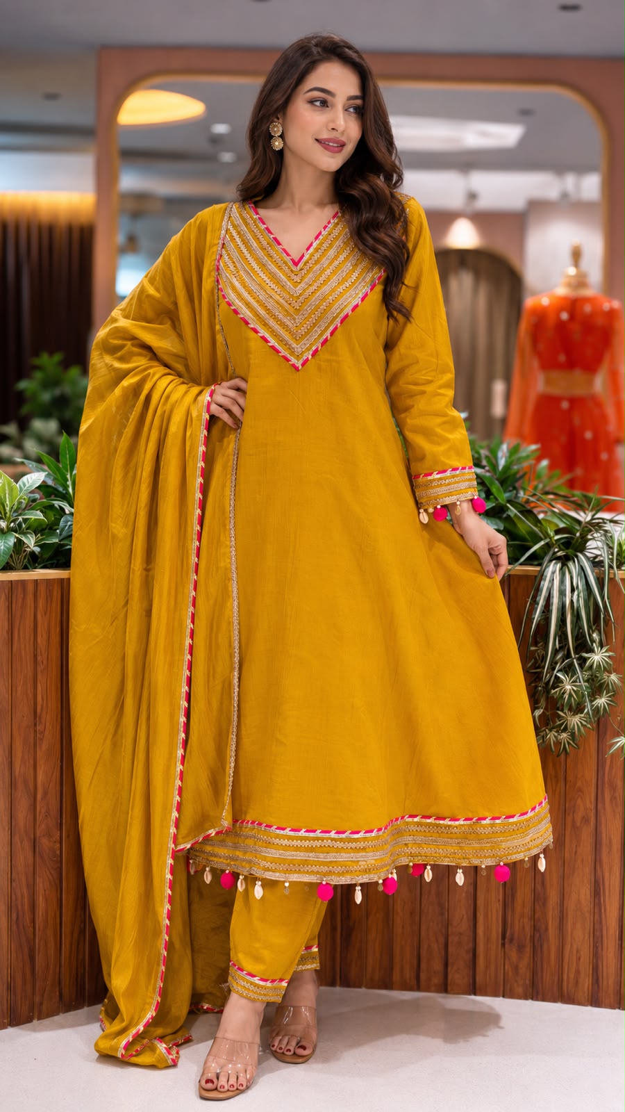 Festive Gota Patti A-Line Mul-Chanderi Full Suit Set with Scalloped Dupatta & Pom Pom Tassel- 15394