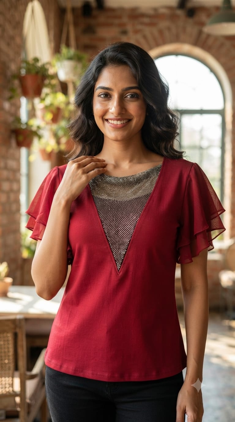 Glamour Studded V-Neck Imported Top With Flutter Sleeve- 15229