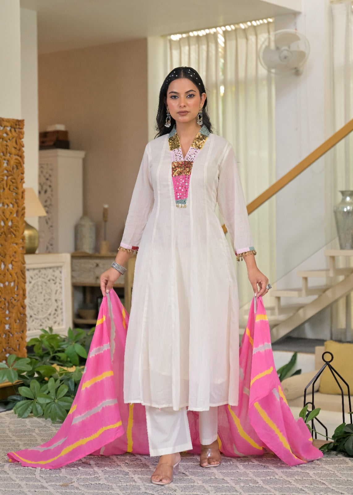 Classic Ivory White Multicolor Rajasthani Embellished V-Neck Mul-Cotton Anarkali Full Suit Set With Dupatta- 15315