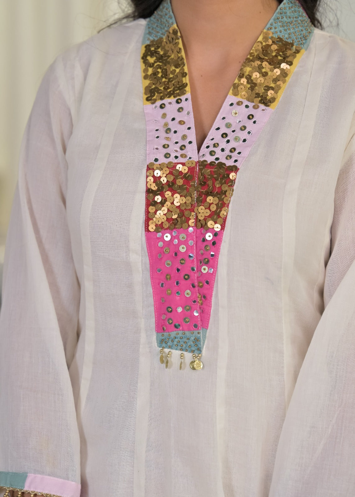 Classic Ivory White Multicolor Rajasthani Embellished V-Neck Mul-Cotton Anarkali Full Suit Set With Dupatta- 15315