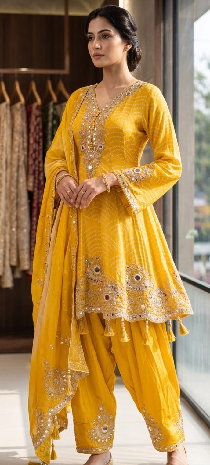 Mustard Yellow Bandhani Print Peplum Style Party Wear Full Suit Set with Mirror Work- 14395