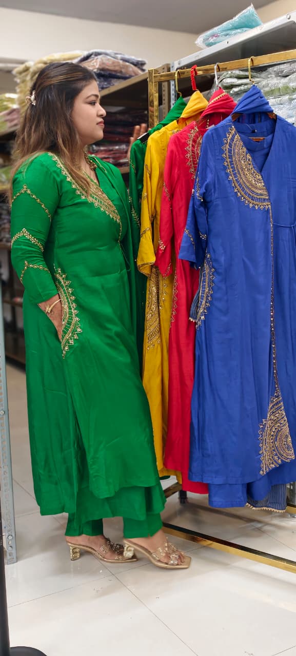 Half Phased Embroidered Angrakha Style A-Line Russian Silk Full Suit Set with Dupatta- 15324